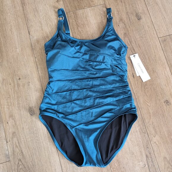 Calvin Klein One Piece Swimsuit Size 12 Jade Green Padded Slimming Pleated SPF50 - Picture 1 of 13